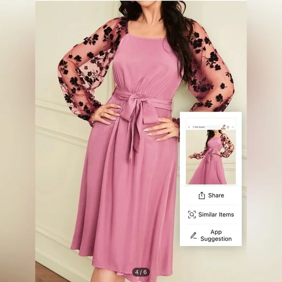 Brand New Floral Print Mesh Bishop Sleeve Belted Dress - Picture 4 of 6